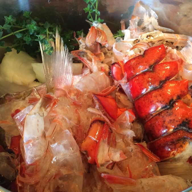 Fish Broth Getting Underway Thyme, Onion, Shrimp and Lobster Shells. Snapper Heads