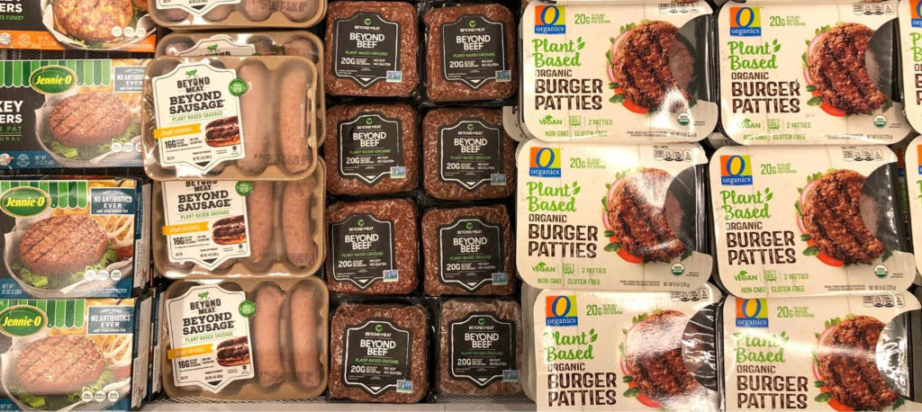 plant-based meat subsitutes on grocery store racks